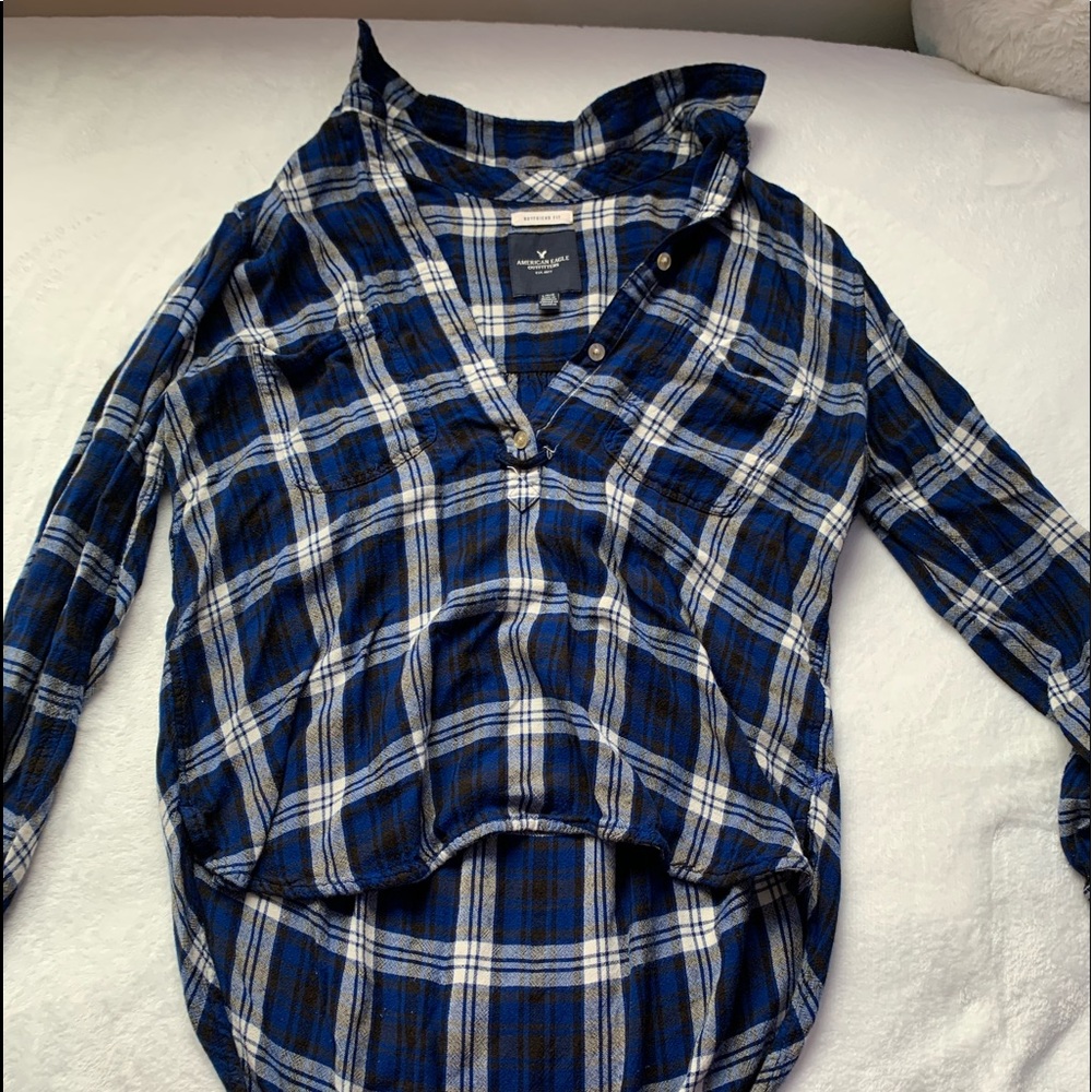 American Eagle Collared Blue High low Flannel